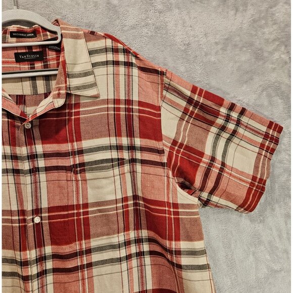 Van Heusen Mens XXL breathable Linen Plaid Red Gray Business casual vacation - Picture 8 of 14